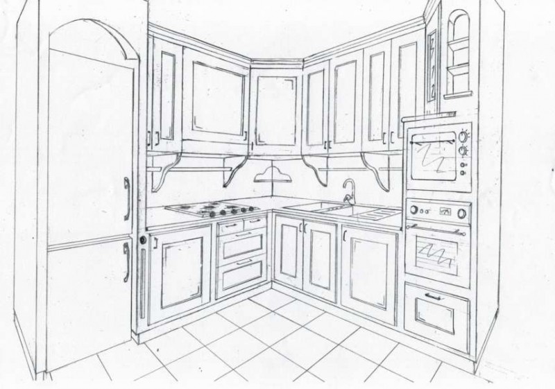 Disegno Tecnico in 3d Realizzato a Mano della Cucina in Finta Muratura Artigianale